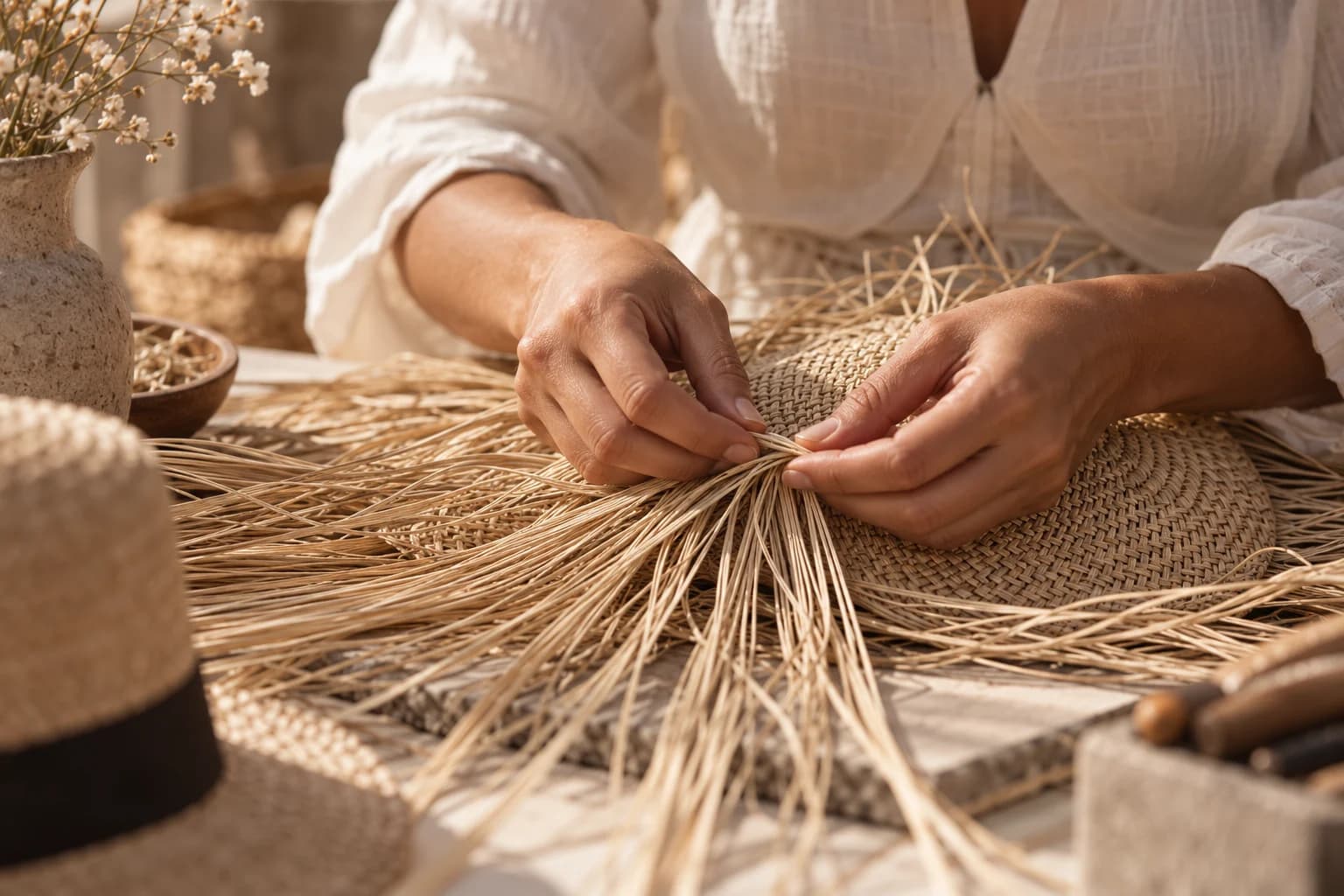 Artisan hands weaving iraca palm